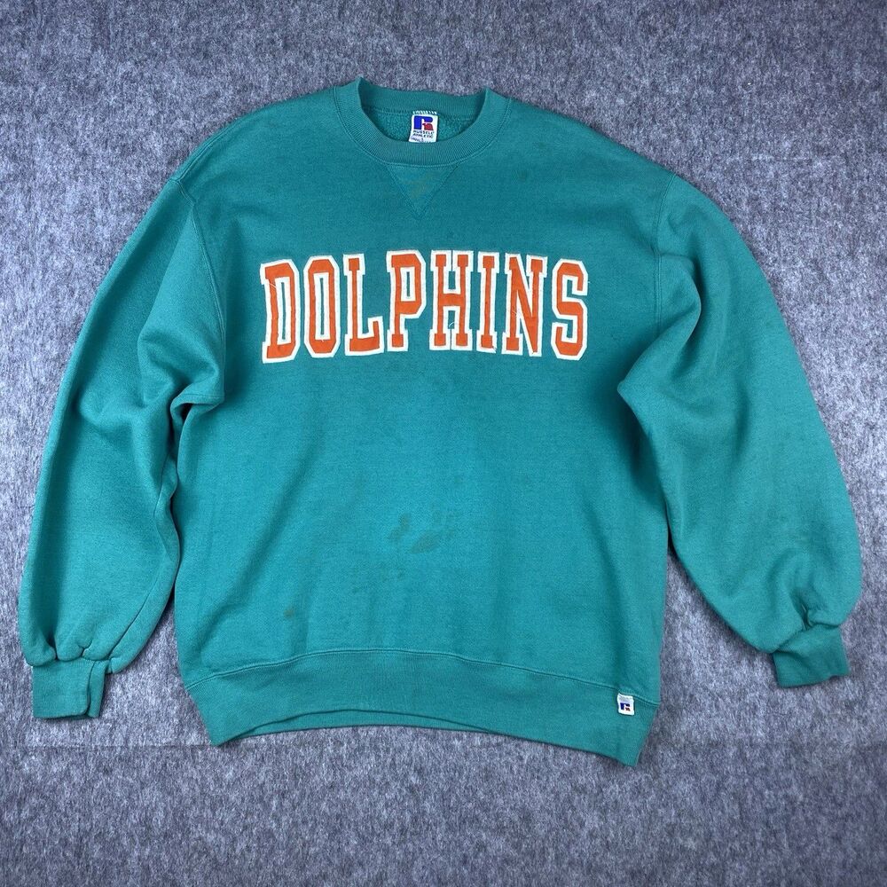 Vtg Russell Men's Miami Dolphins Sweatshirt Crewneck Teal Embroidered USA Sz L
